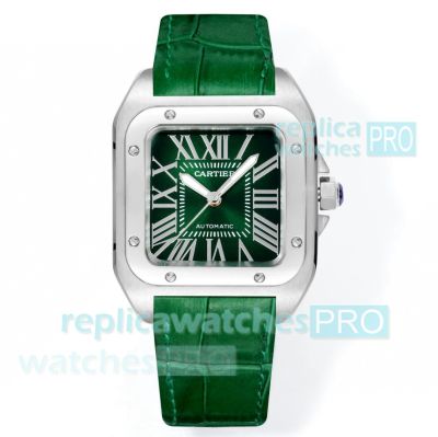 Swiss Replica Cartier Santos Green Face 100th Anniversary Ladies Watch Green Leather Strap 